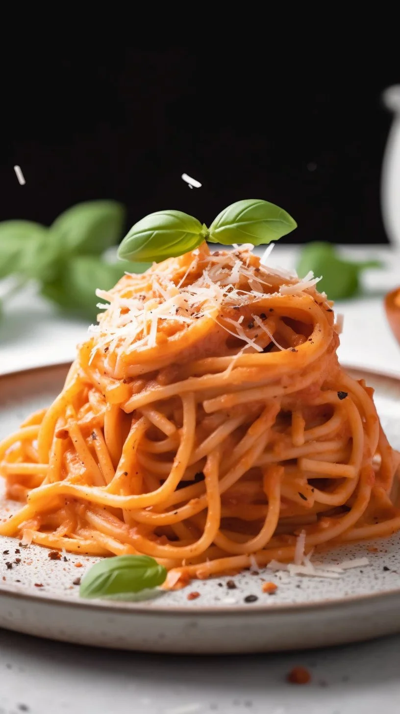 Creamy Tomato Pasta Sauce with Cream Cheese served over spaghetti.