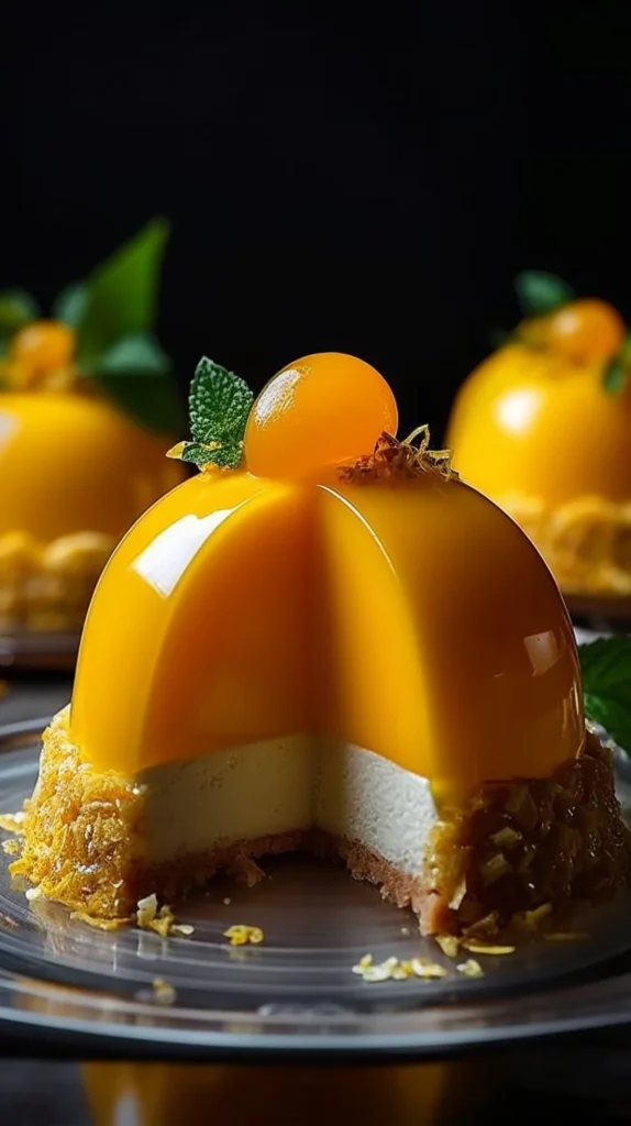 Tropical mango mousse domes with Thai basil cream and coconut biscuit base