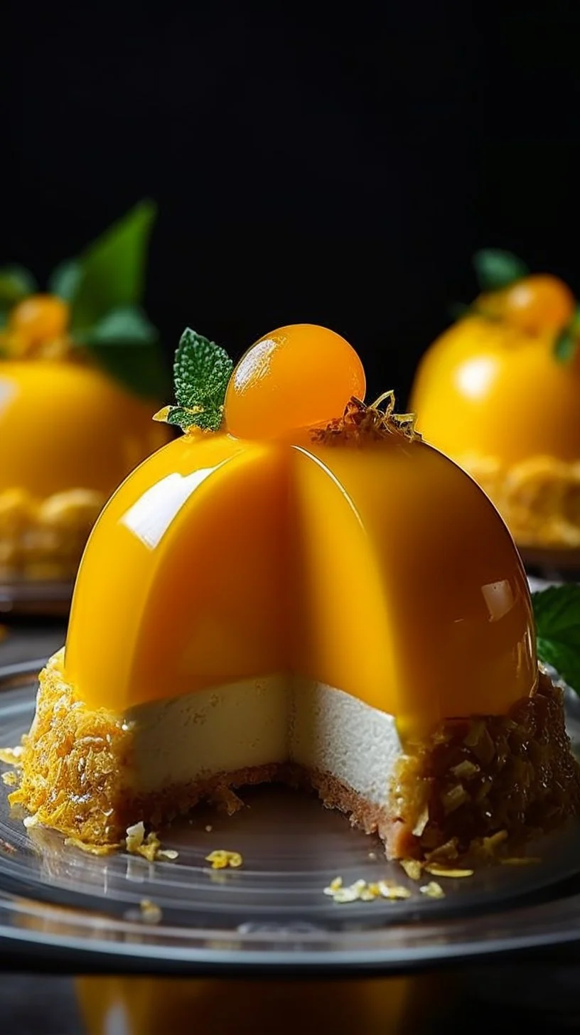 Tropical mango mousse domes with Thai basil cream and coconut biscuit base