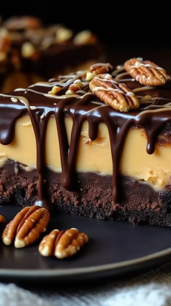 Turtle brownie cheesecake with chocolate and caramel toppings
