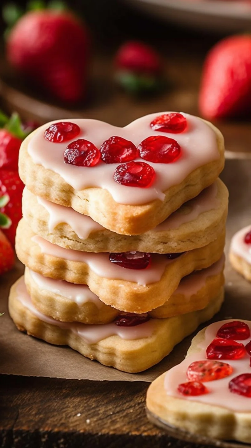 Delicious Valentine's Day strawberry shortbread cookies decorated with pink icing