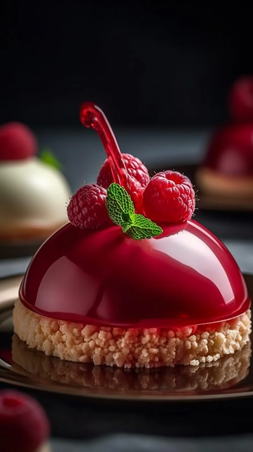 Vanilla bean custard mousse domes with poached rhubarb double-helix inlay