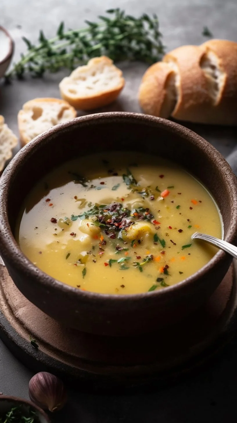 Bowl of vegan garlic chickpea soup with fresh herbs