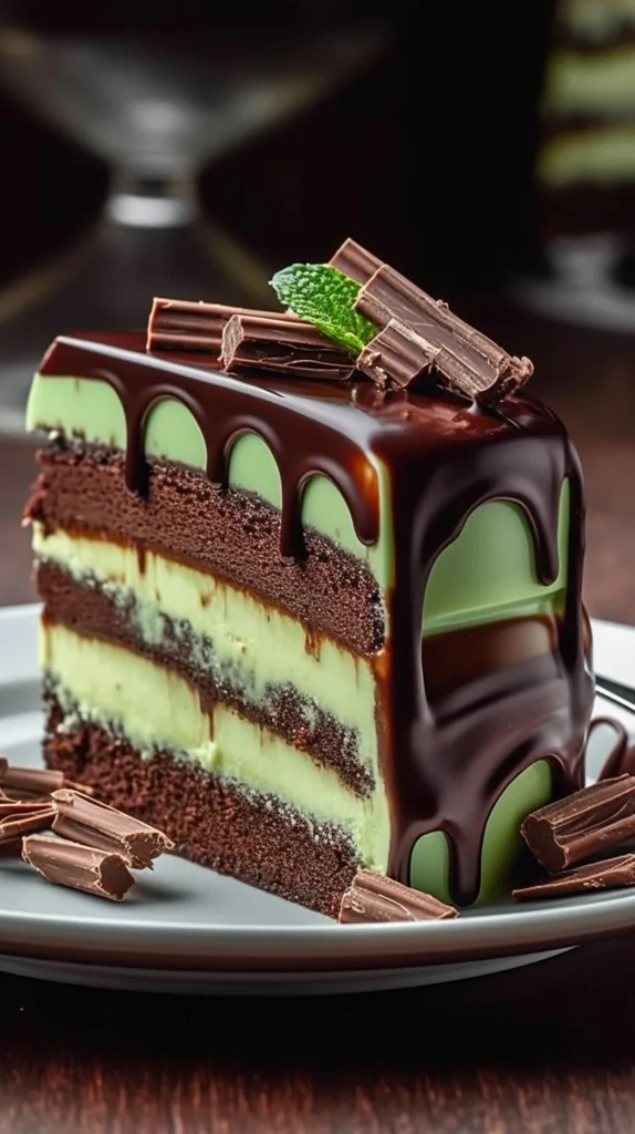 Velvet mint chocolate fudge cheesecake with dark ganache layer