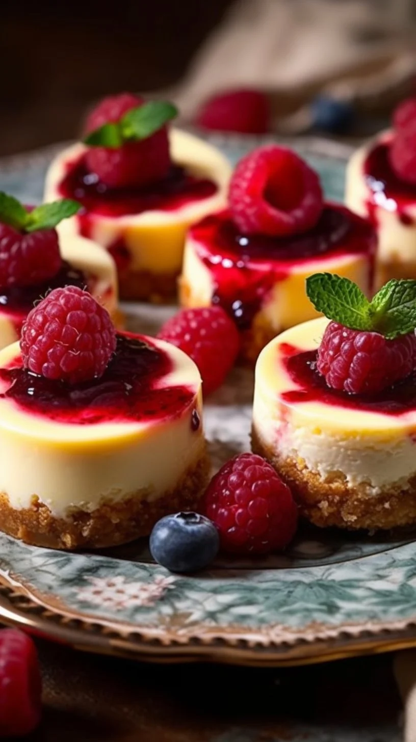 Mini raspberry cheesecakes with buttery cinnamon graham crust on a white plate