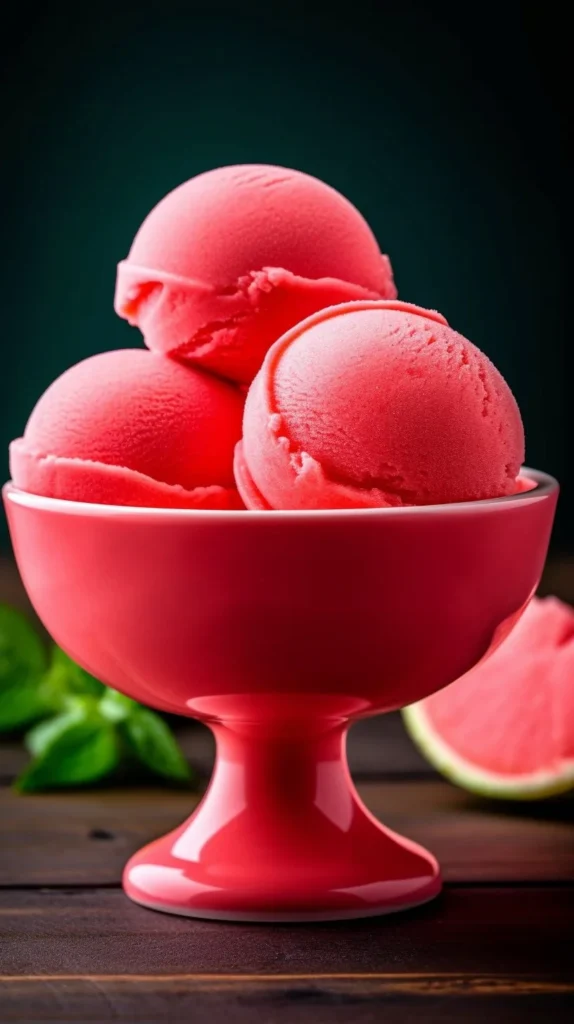 Refreshing homemade watermelon sorbet in a bowl with mint leaves