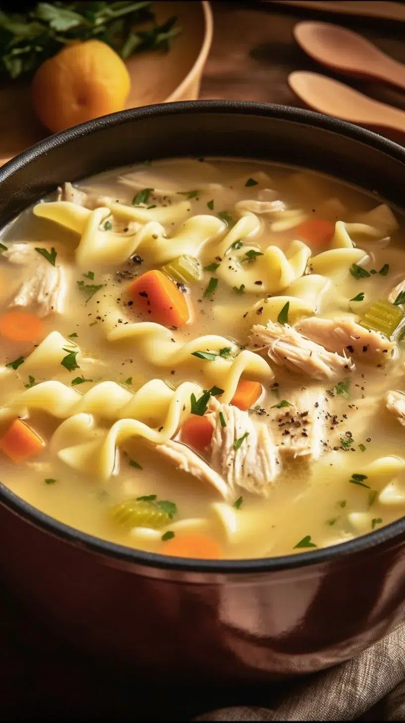 Delicious white chicken lasagna soup topped with cheese and herbs