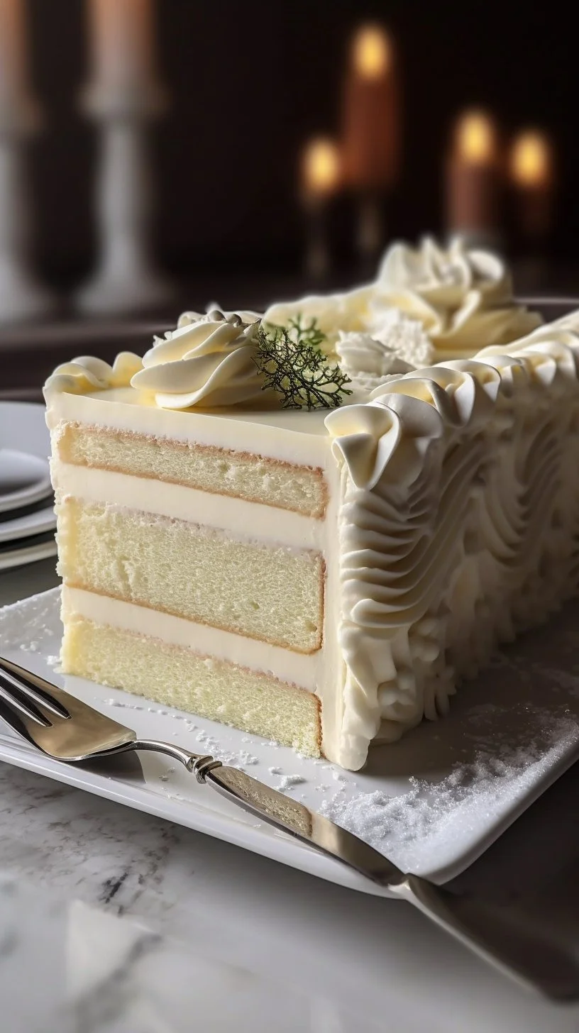 White Chocolate Coconut Mousse Cake slice on a plate with coconut flakes and chocolate drizzle.