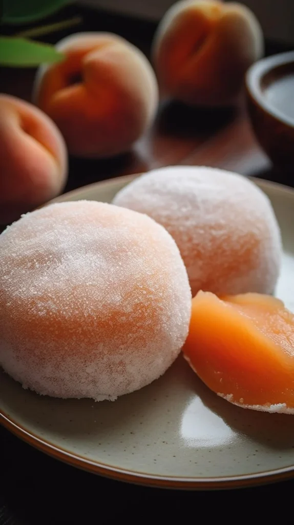 Whole peach mochi dessert featuring a peach enveloped in chewy mochi.