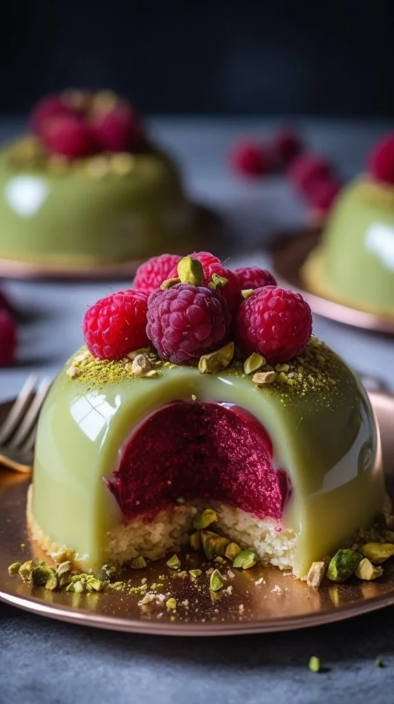 Luxurious Pistachio-Raspberry Cheesecake domes with gold leaf garnish