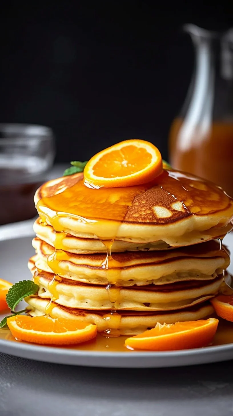 Stack of zesty orange pancakes with syrup and orange slices