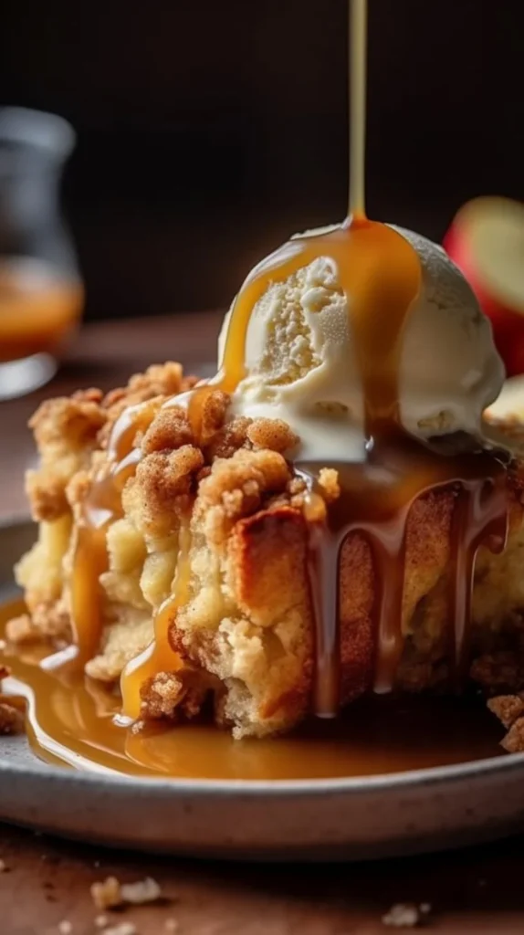 Delicious apple crumble bread pudding served in a rustic dish