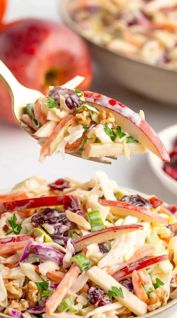 Fresh apple slaw with vibrant shredded apples and vegetables in a bowl