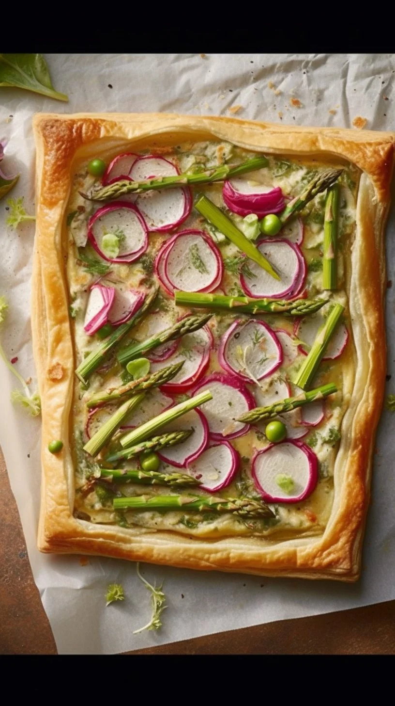 Delicious homemade asparagus tart with fresh ingredients on a wooden table