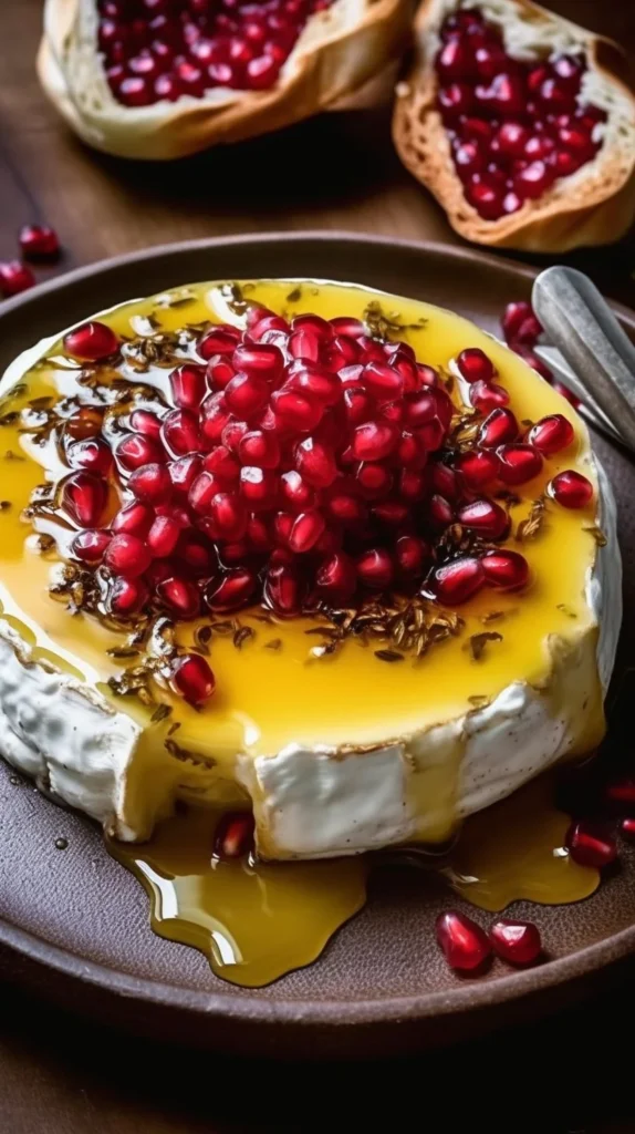 Baked Brie topped with honey and pomegranate seeds on a wooden platter.