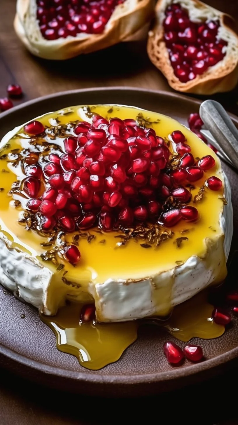Baked Brie topped with honey and pomegranate seeds on a wooden platter.