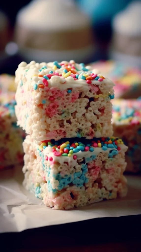 Colorful Birthday Cake Rice Krispie Treats stacked on a plate.