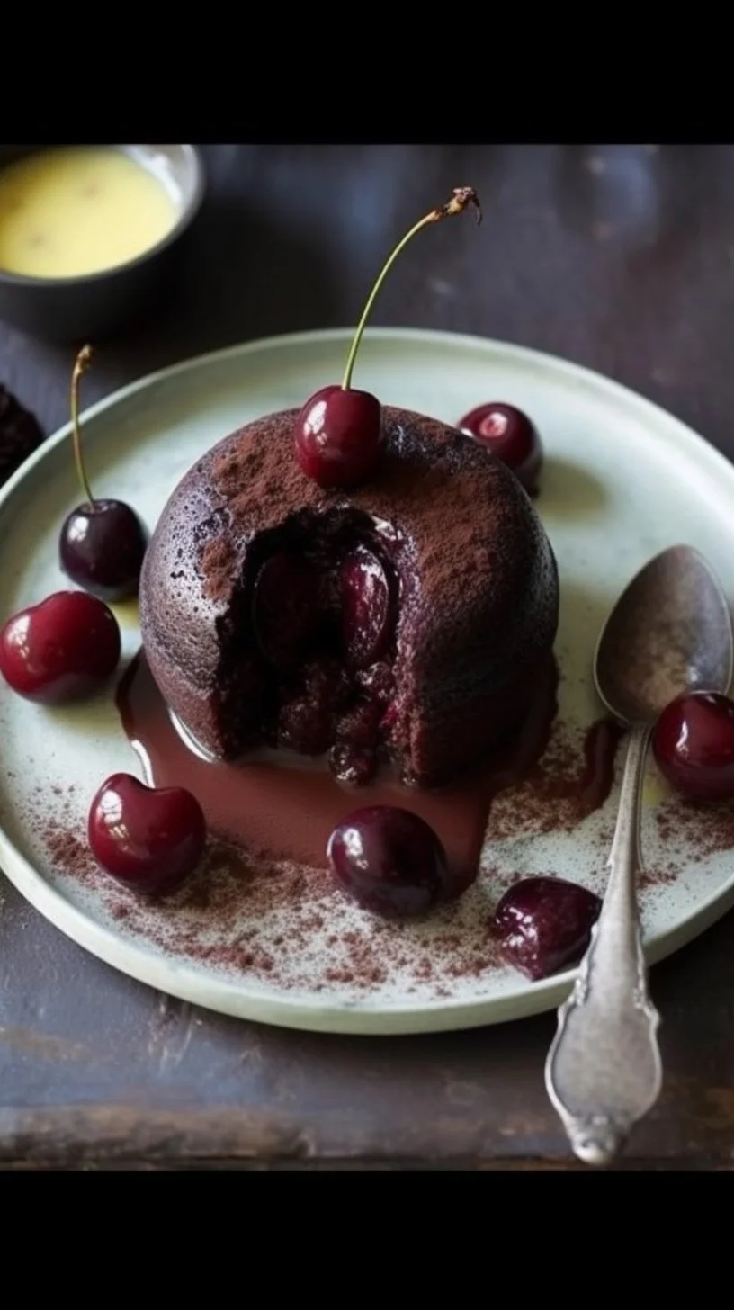 Delicious black cherry chocolate puddings served in elegant dessert cups