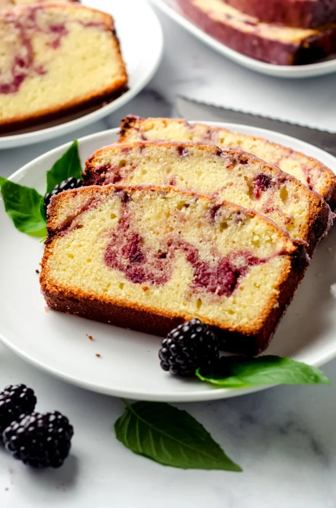 Delicious slice of Blackberry Pound Cake with fresh blackberries on top.