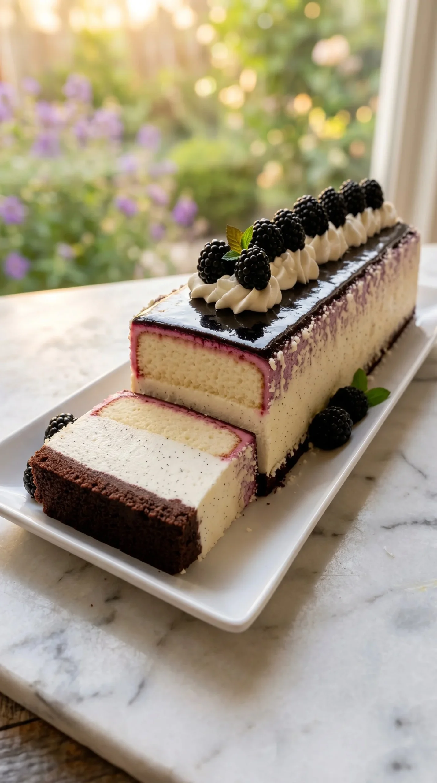Delicious blackberry vanilla bean mousse cake topped with fresh blackberries