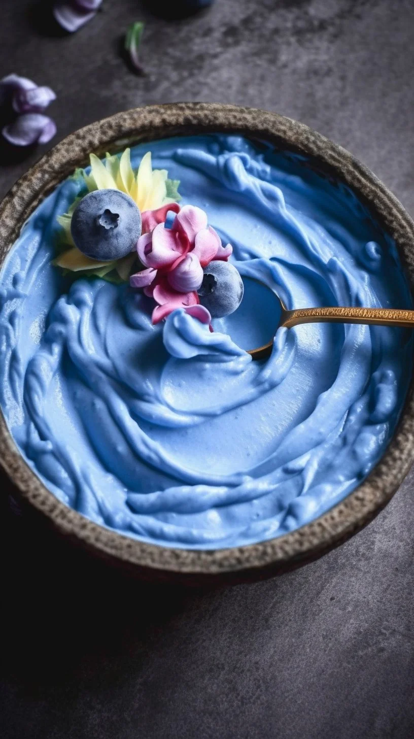 Blue Coconut Smoothie Bowl topped with fruits and coconut flakes.