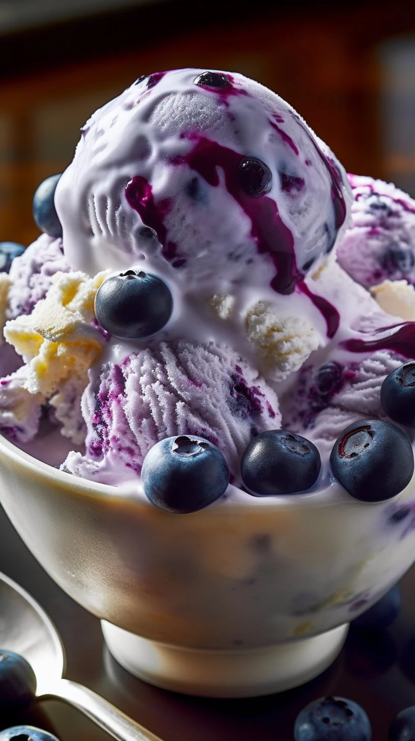 Delicious blueberry cheesecake ice cream with cottage cheese topping