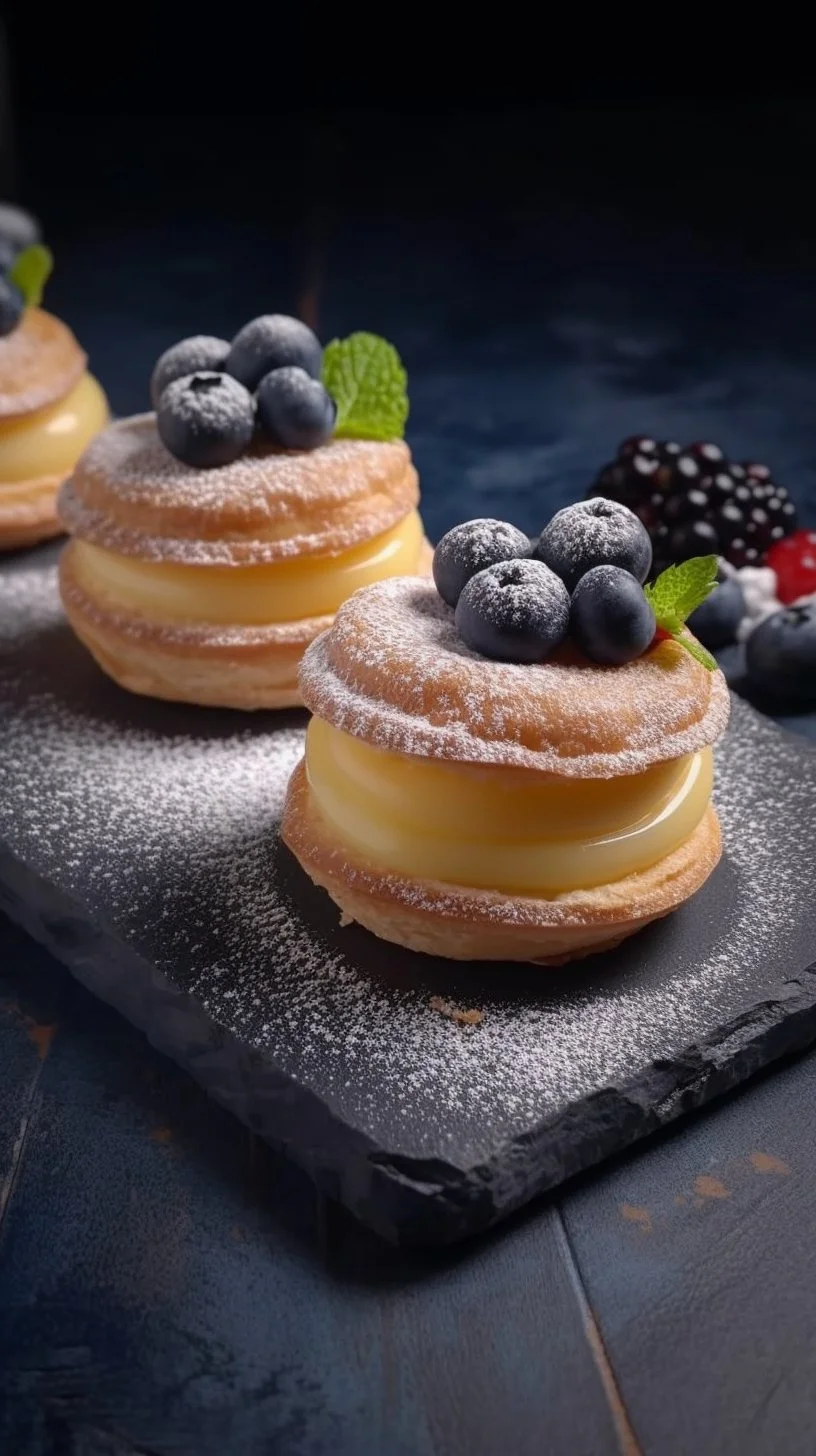 Blueberry pastry rings with vanilla cream filling on a wooden table