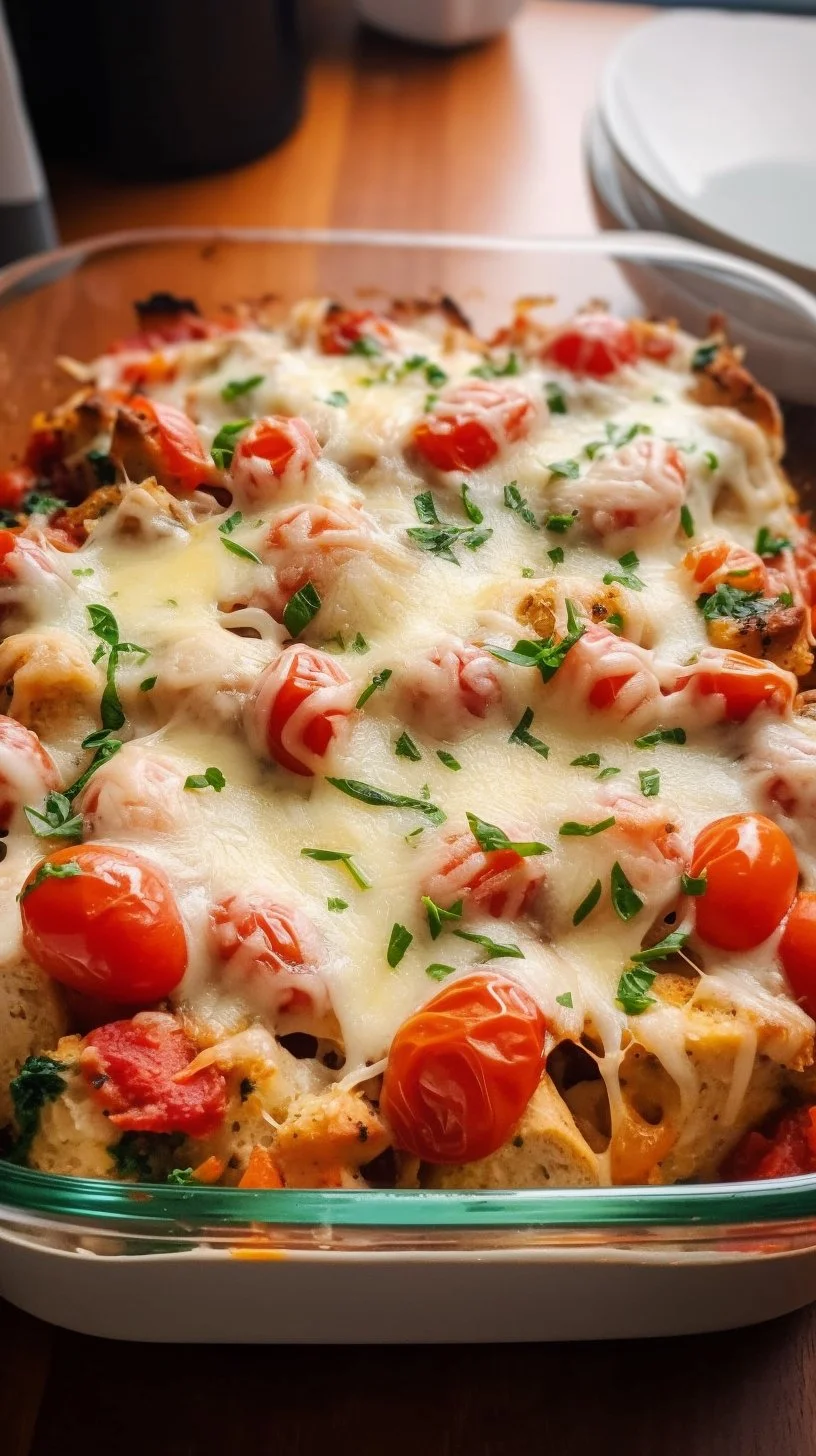 Delicious Bruschetta Chicken Bake topped with fresh tomatoes and basil