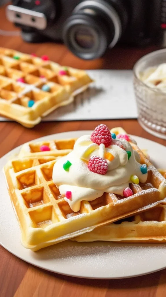 Freshly made fluffy cake mix waffles topped with syrup and strawberries