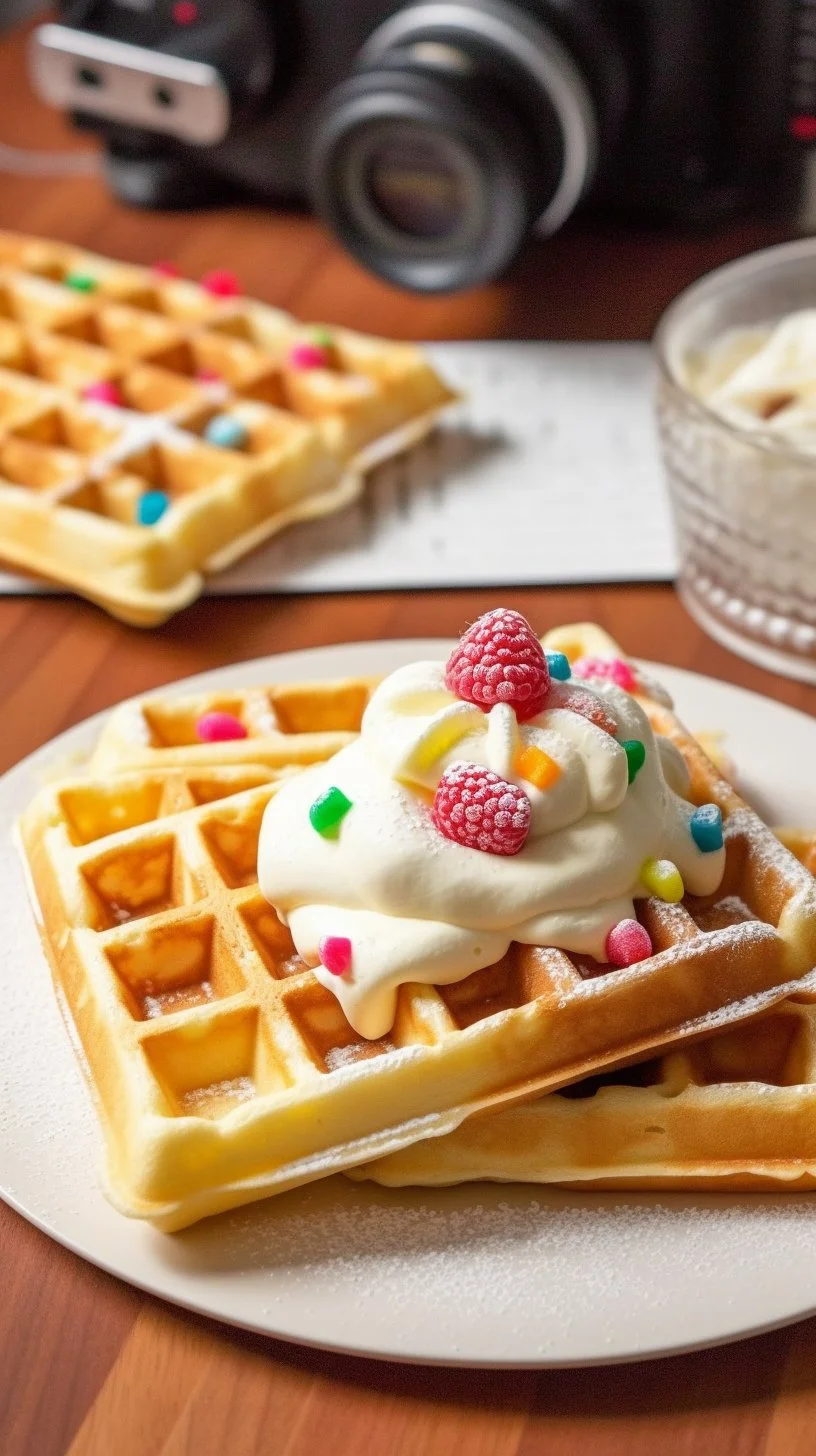 Freshly made fluffy cake mix waffles topped with syrup and strawberries