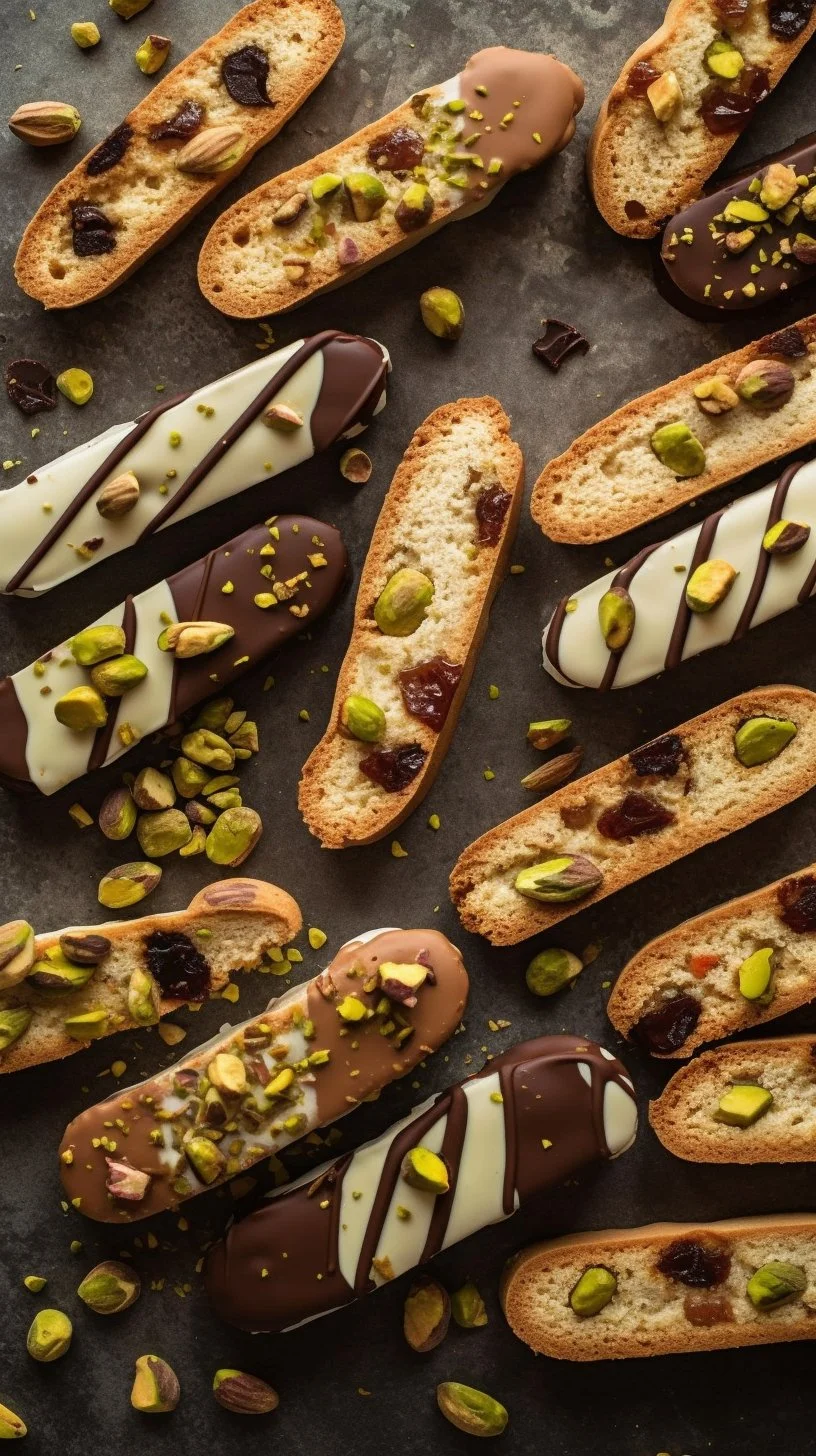 Candied Orange and Pistachio Biscotti dipped in chocolate, a delicious sweet treat