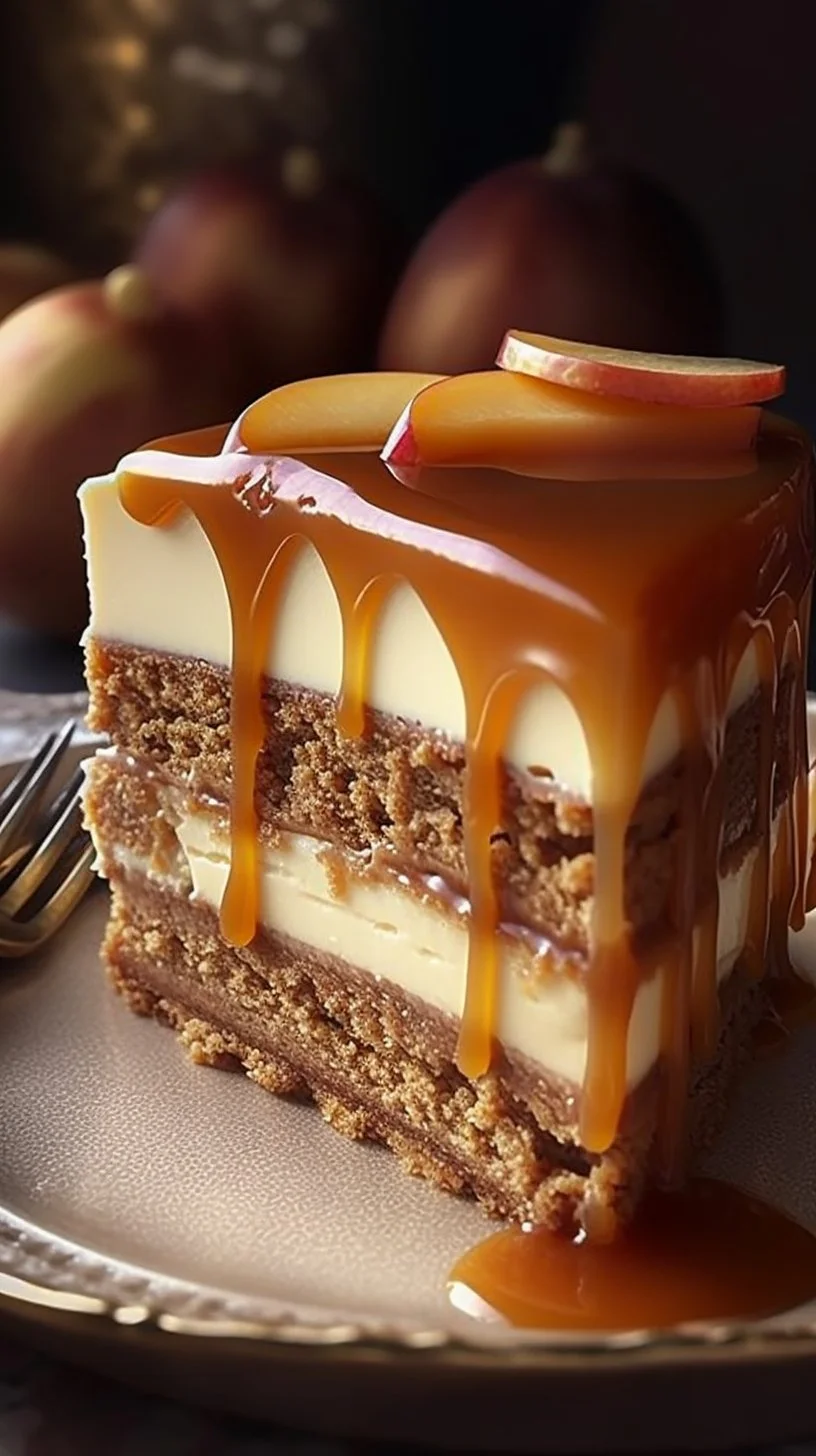 Delicious homemade Caramel Apple Cheesecake topped with caramel drizzle and apple slices