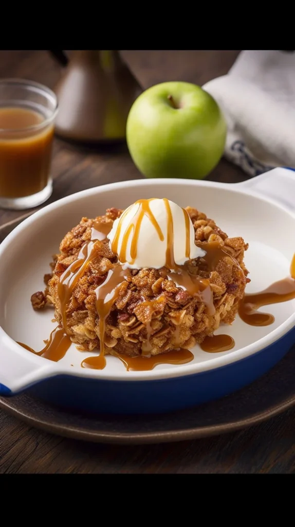 Delicious caramel apple crumble dessert with apples and crunchy topping