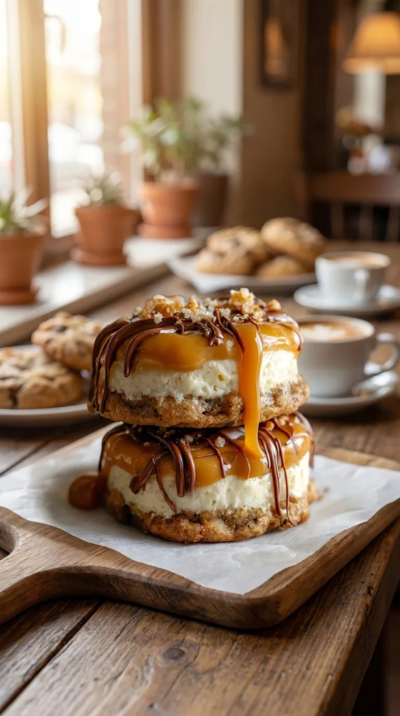 Delicious Caramel Cheesecake Cookies on a plate, drizzled with caramel sauce.