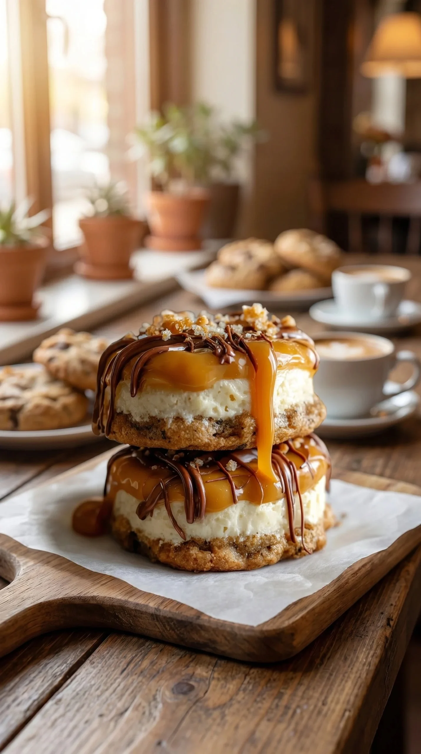 Delicious Caramel Cheesecake Cookies on a plate, drizzled with caramel sauce.