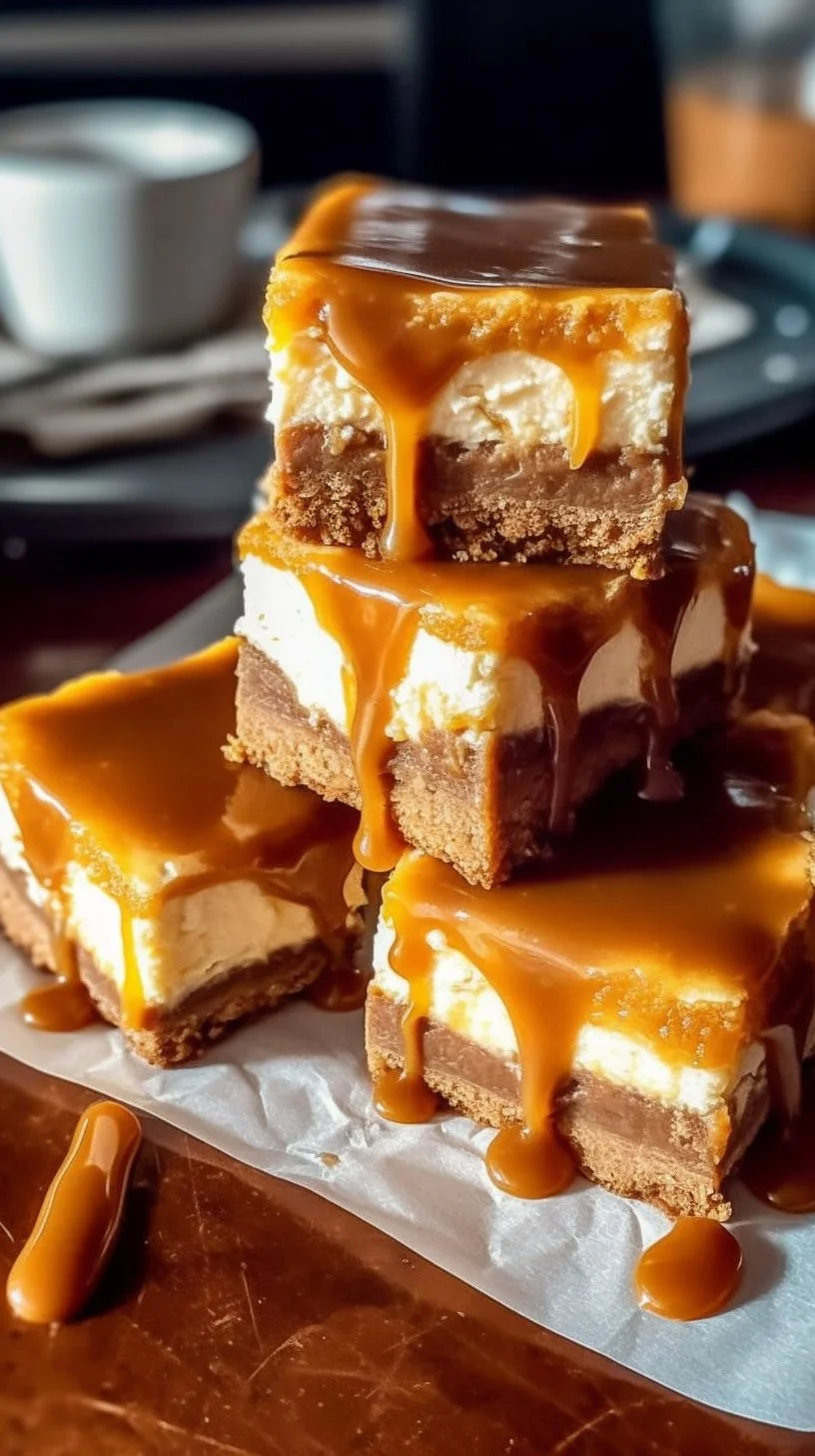 Caramelized Pumpkin Cheesecake Bars topped with caramel drizzle and pecans