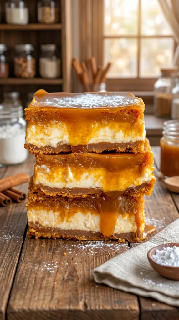 Caramelized pumpkin cheesecake bars with a creamy texture and spiced topping