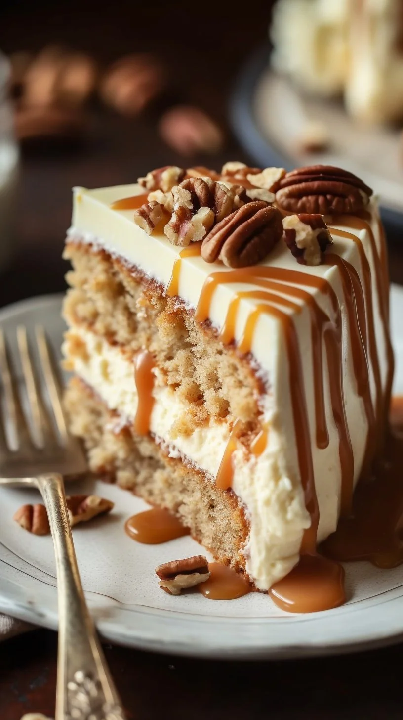 Delicious carrot cake cheesecake slice topped with cream and walnuts