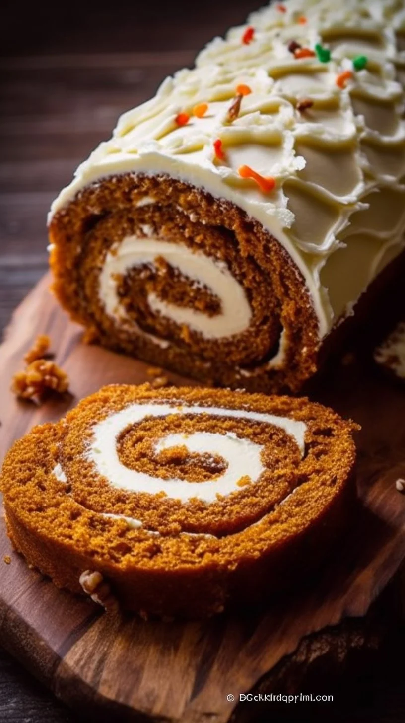 Delicious carrot cake roll with cream cheese frosting filling on a plate