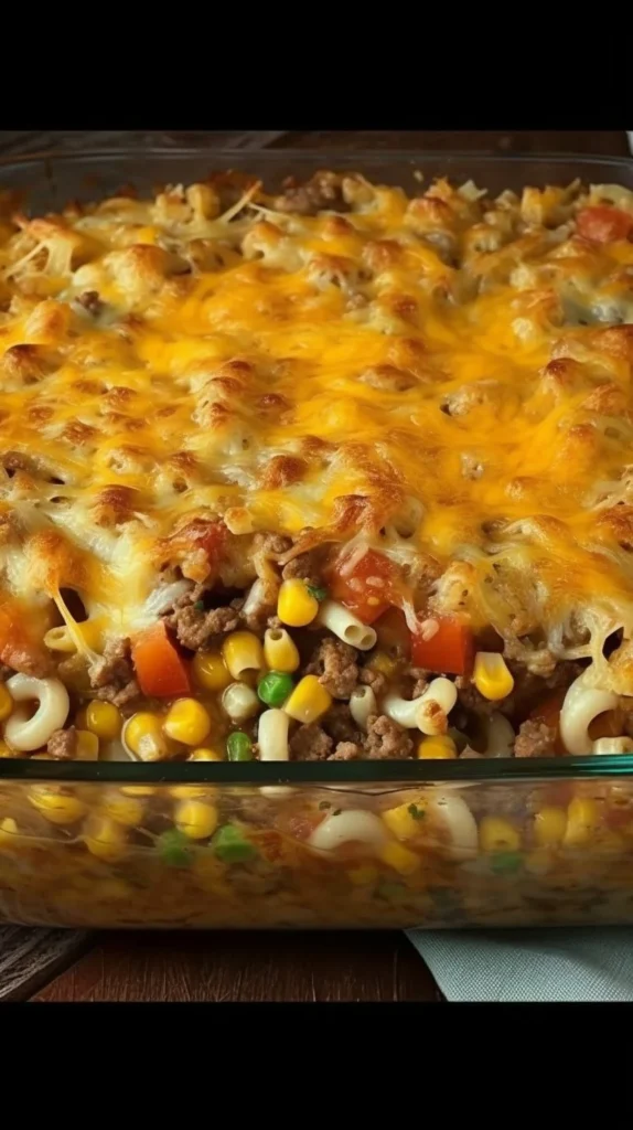 Cheesy beef macaroni bake in a casserole dish ready to serve.