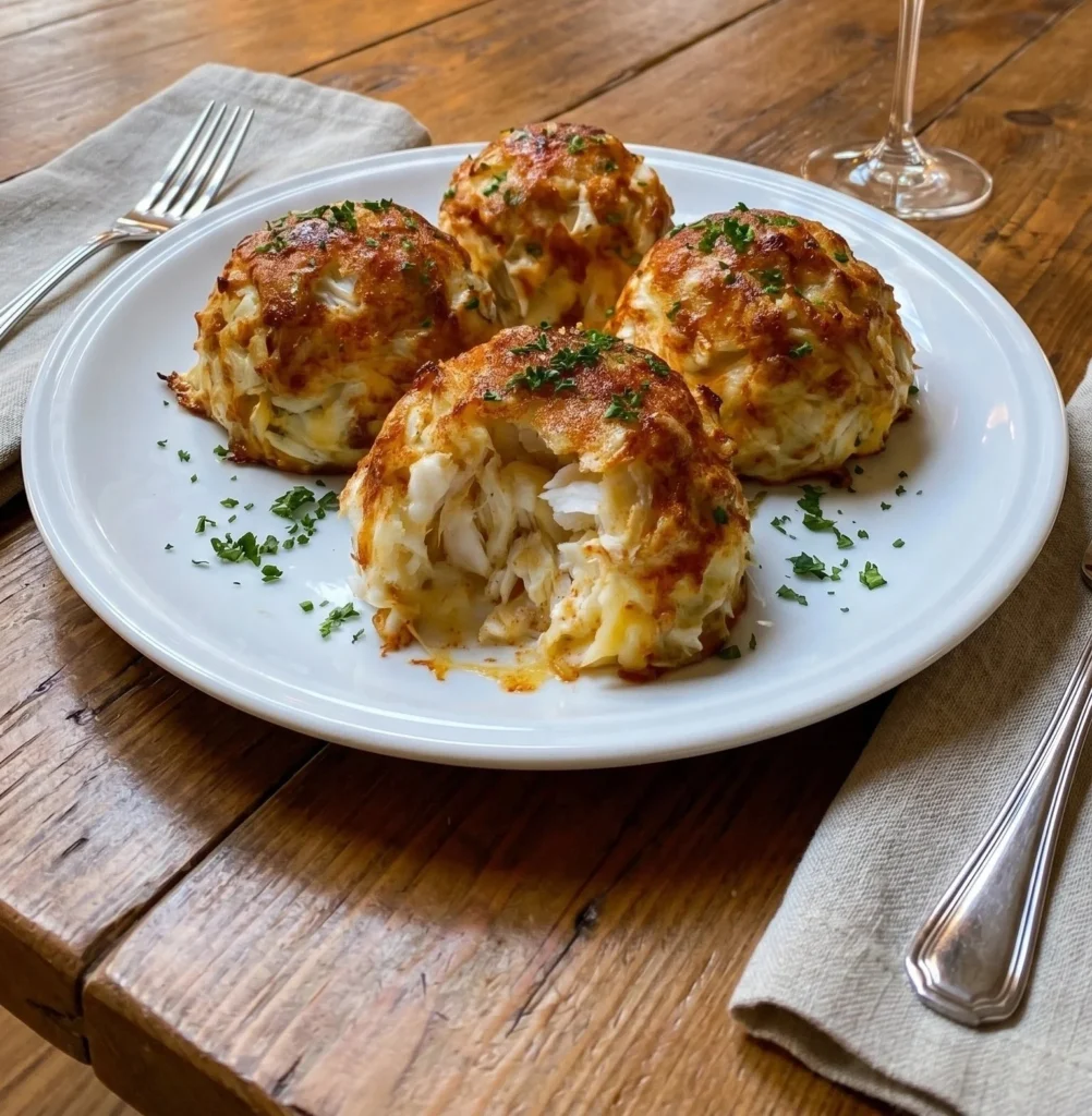 Cheesy crab stuffed bombs on a plate, garnished and ready to serve.