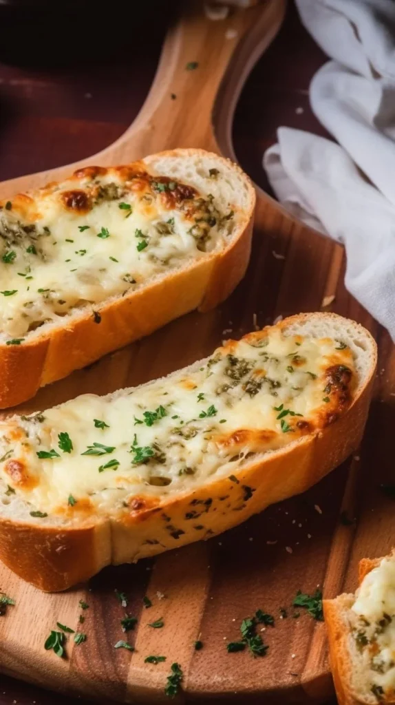 Freshly baked cheesy garlic bread topped with melted cheese and herbs