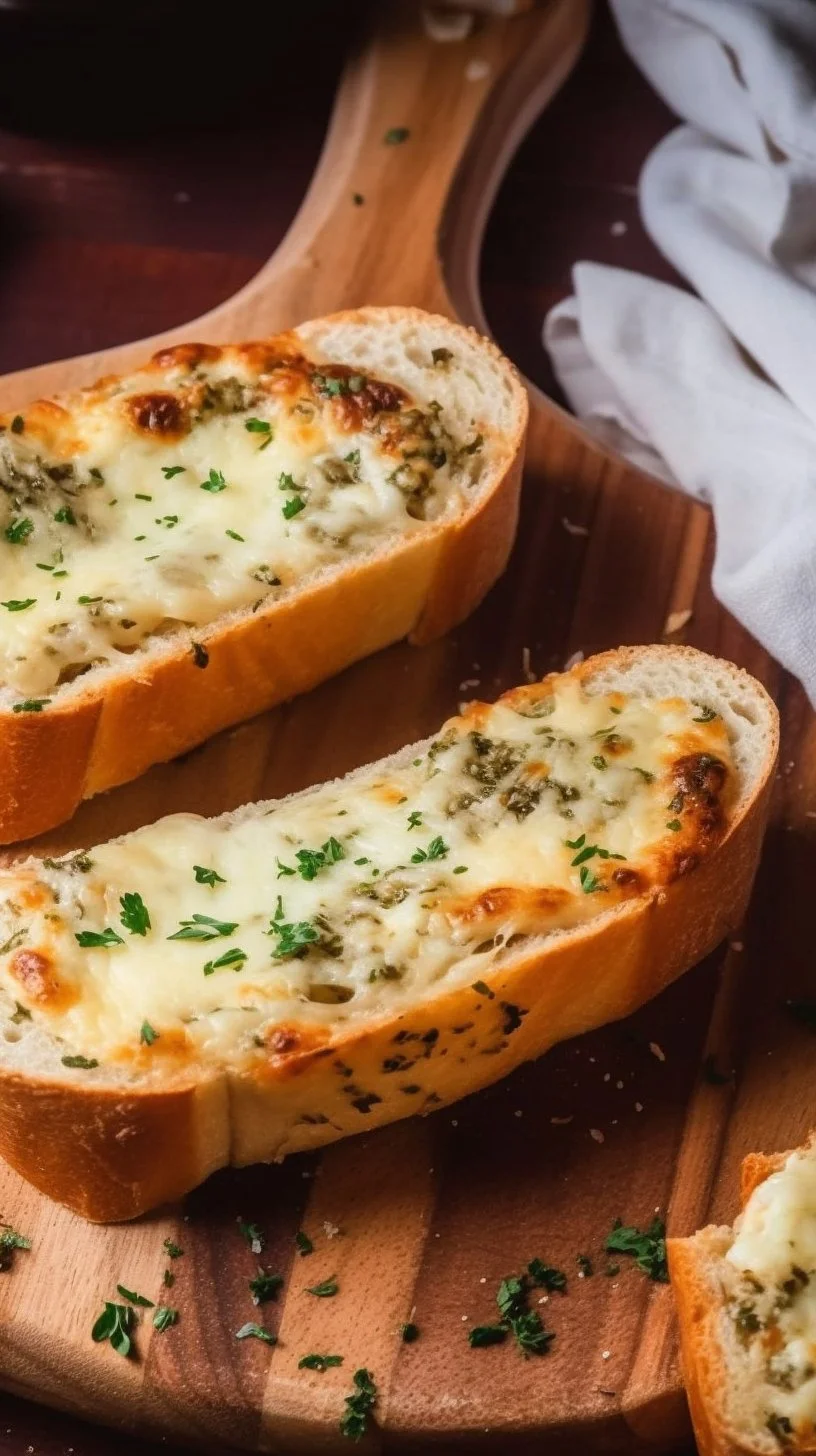 Freshly baked cheesy garlic bread topped with melted cheese and herbs