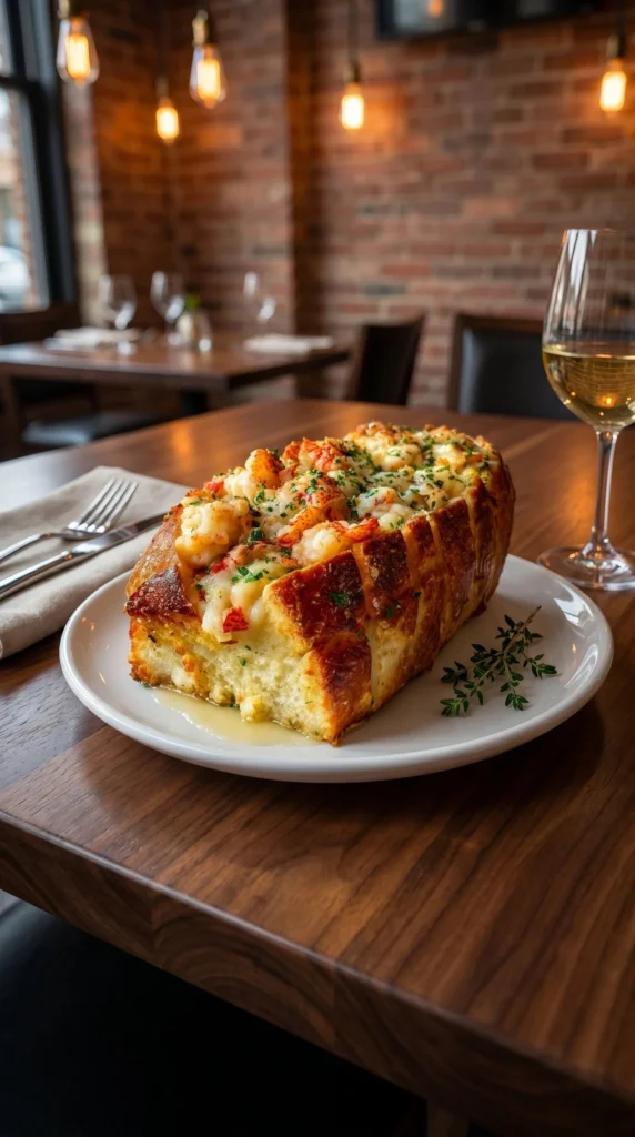 Cheesy Garlic Lobster Bread Bake topped with cheesy goodness and fresh herbs