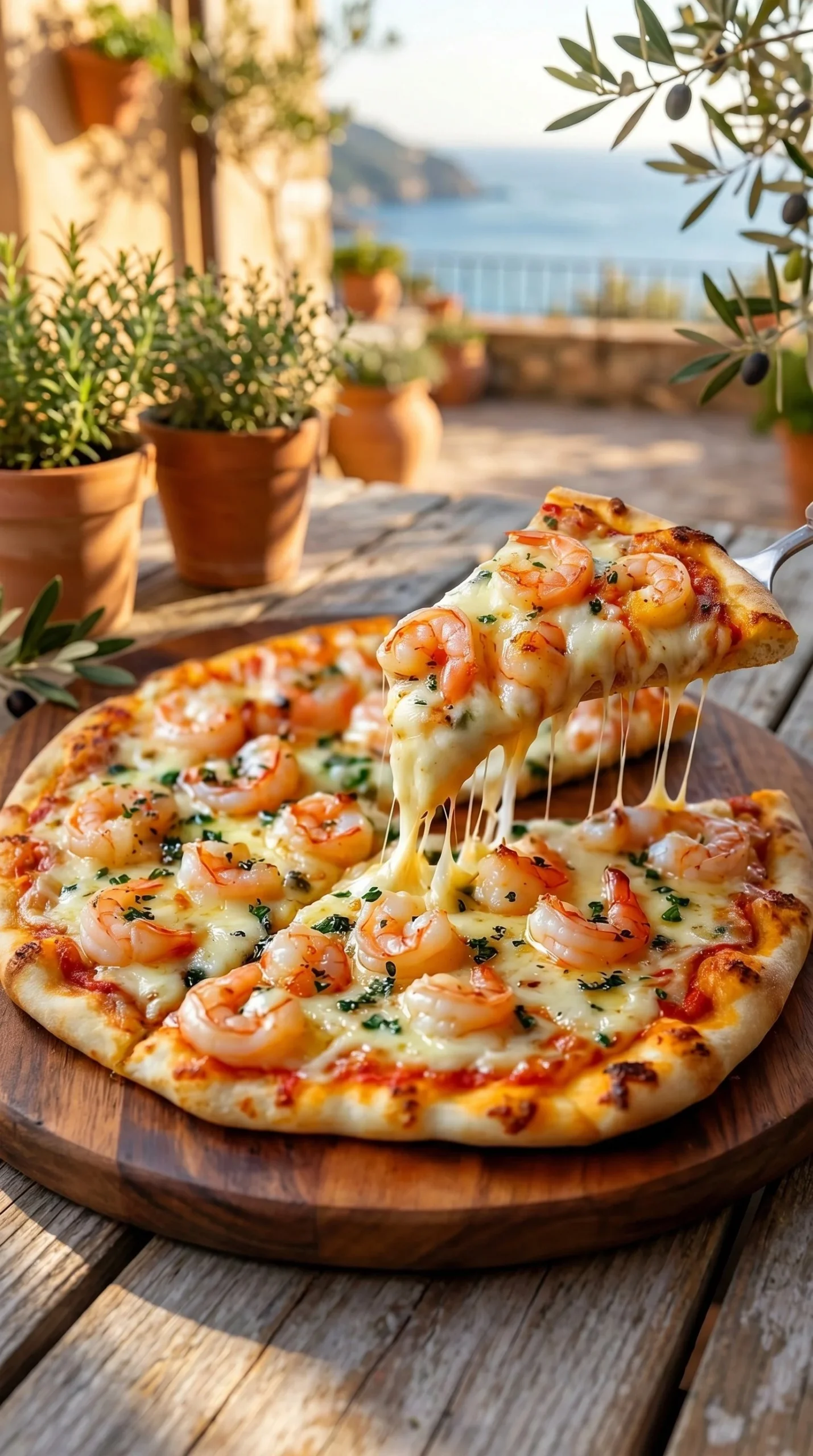 Cheesy Garlic Shrimp Pizza topped with succulent shrimp and melted cheese