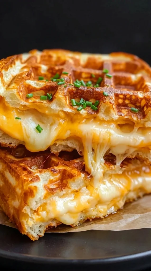 Cheesy grilled cheese chaffles served on a plate with melted cheese oozing out.
