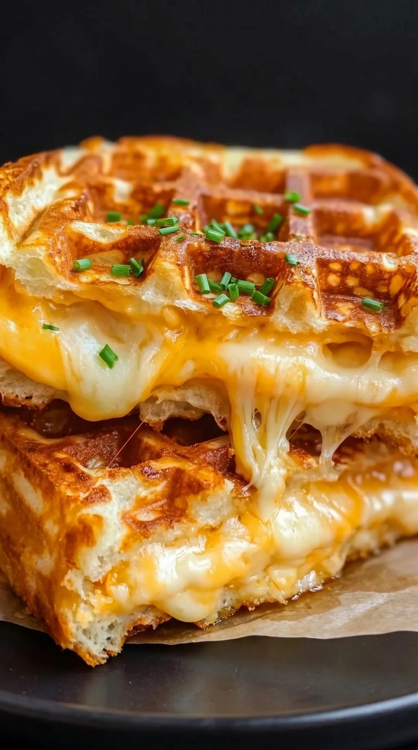 Cheesy grilled cheese chaffles served on a plate with melted cheese oozing out.