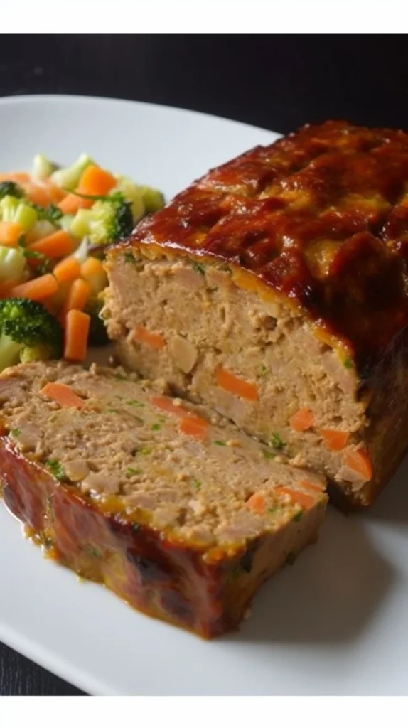 Delicious Chicken and Bacon Meatloaf served with side vegetables