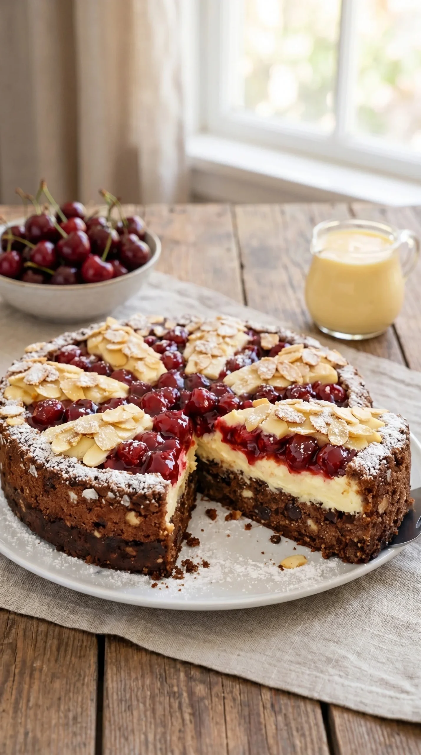 Delicious Chocolate Cherry Cake topped with creamy pudding