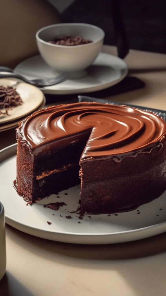 Delicious chocolate custard cake topped with chocolate shavings and berries